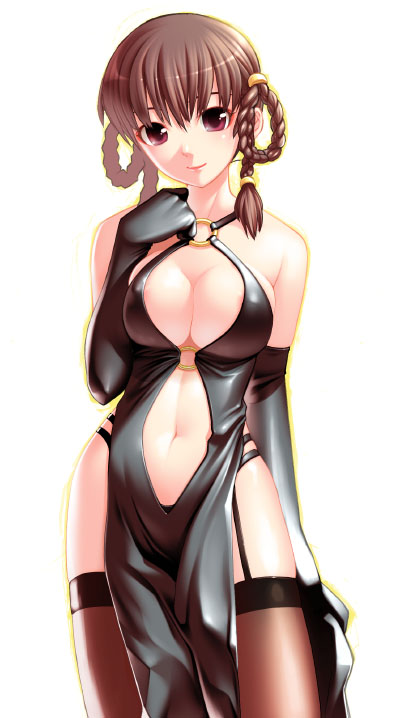 kimura daisuke, lei fang, dead or alive, tecmo, bad id, bad pixiv id, 1girl, bare shoulders, black gloves, black thighhighs, braid, braided hair rings, breasts, brown eyes, brown hair, brown thighhighs, cleavage, criss-cross halter, dress, elbow gloves, female focus, garter belt, garter straps, gloves, hair rings, halterneck, large breasts, latex, latex dress, latex gloves, midriff, navel, o-ring, o-ring top, pelvic curtain, purple eyes, revealing clothes, simple background, solo, thighhighs, twin braids