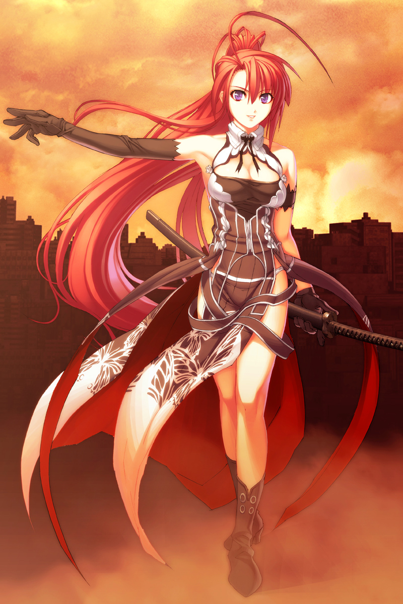 nishii (nitroplus), ignis, jingai makyou, nitroplus, game cg, highres, ahoge, asymmetrical clothes, bare shoulders, boots, elbow gloves, gloves, katana, long hair, ponytail, purple eyes, red hair, ribbon, smile, solo, sword, very long hair, weapon