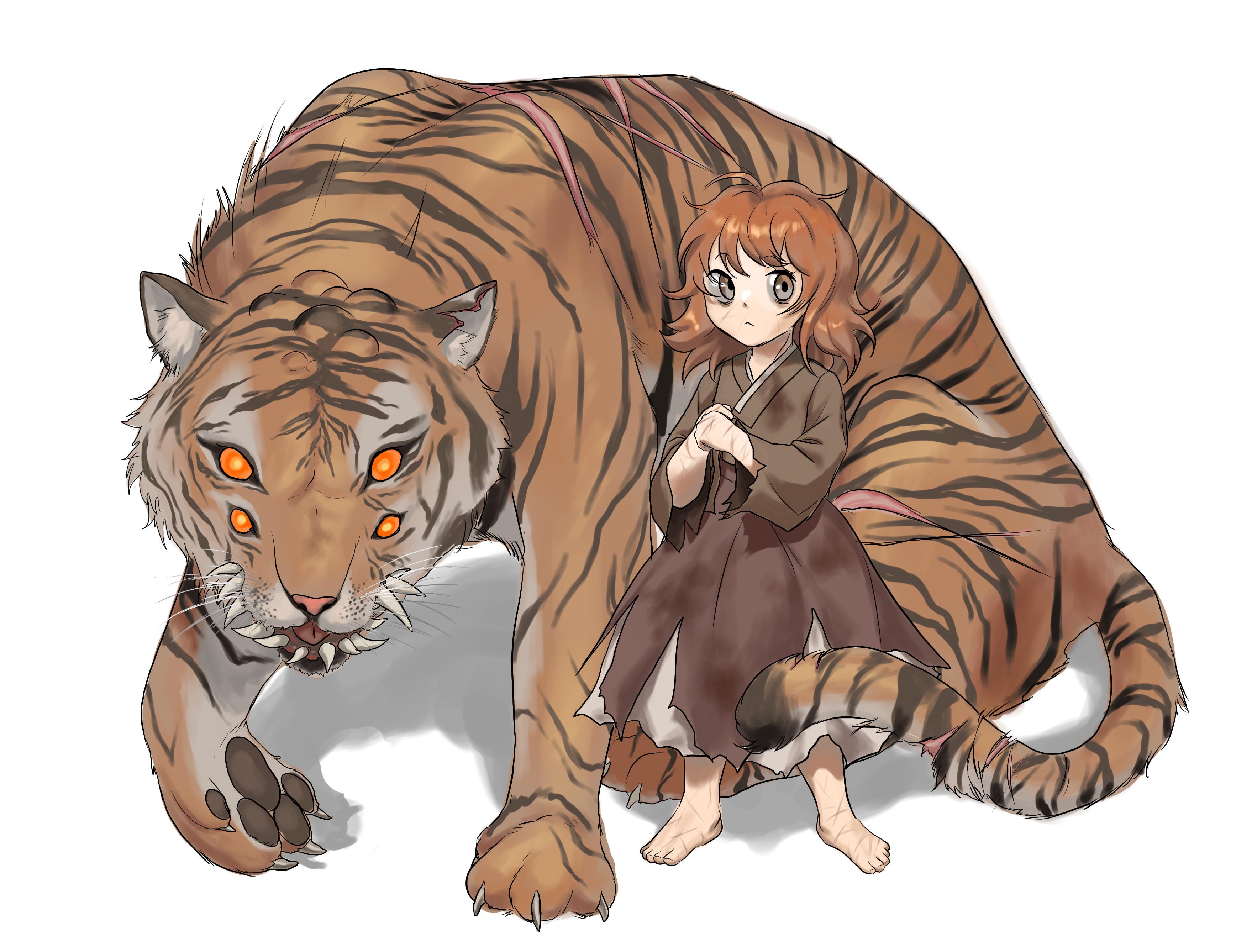 moonless (fear & hunger), the girl (fear & hunger), fear & hunger (series), fear & hunger 1, absurdres, commentary, english commentary, highres, 1girl, adapted costume, alternate species, barefoot, brown eyes, brown kimono, brown skirt, closed mouth, dirty, extra eyes, extra teeth, full body, japanese clothes, kimono, looking at viewer, medium hair, orange eyes, orange hair, own hands together, pupuzil, scar, scar on arm, scar on foot, shadow, simple background, skirt, solo, standing, tiger, white background