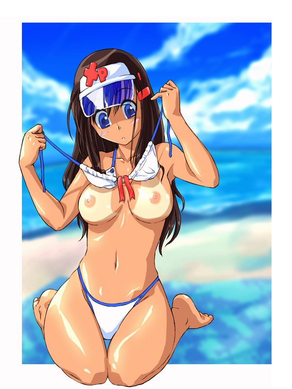 michael f91, xp-tan, os-tan, framed, 1girl, barefoot, bikini, bikini tan, blush, breasts, day, female focus, medium breasts, nipples, seiza, sitting, solo, swimsuit, tan, tanline, thigh gap, undressing, unworn bikini top, white bikini
