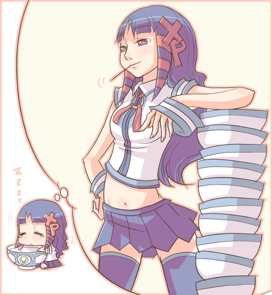 xp-tan, os-tan, 1girl, blue skirt, blue thighhighs, bowl, dreaming, female focus, hand on own hip, midriff, navel, skirt, sleeping, solo, speech bubble, thighhighs, thought bubble, zzz