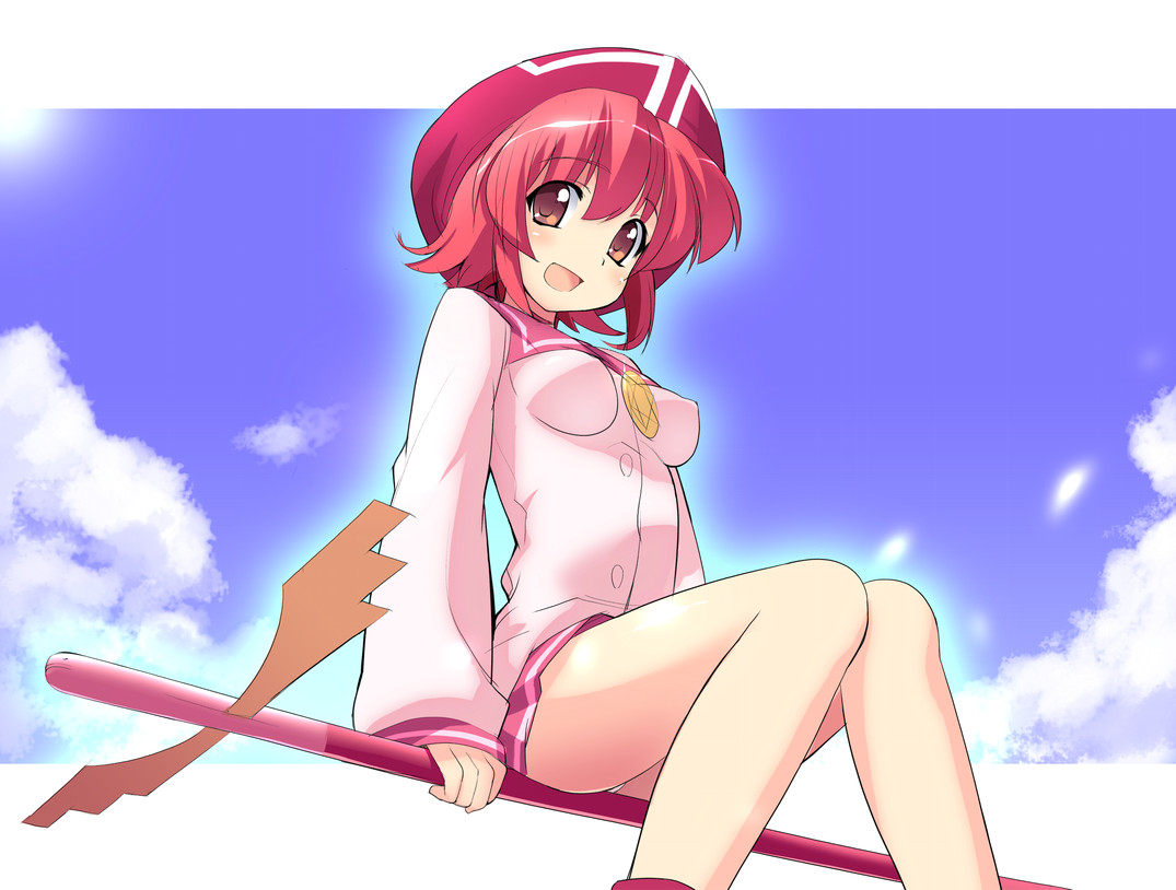 sikorsky, behoimi, pani poni dash!, 00s, 1girl, beret, breasts, broom, broom riding, cloud, day, female focus, hat, medium breasts, nipples, panties, pantyshot, pink eyes, pink hair, short hair, sidesaddle, sitting, skirt, sky, solo, underwear, upskirt