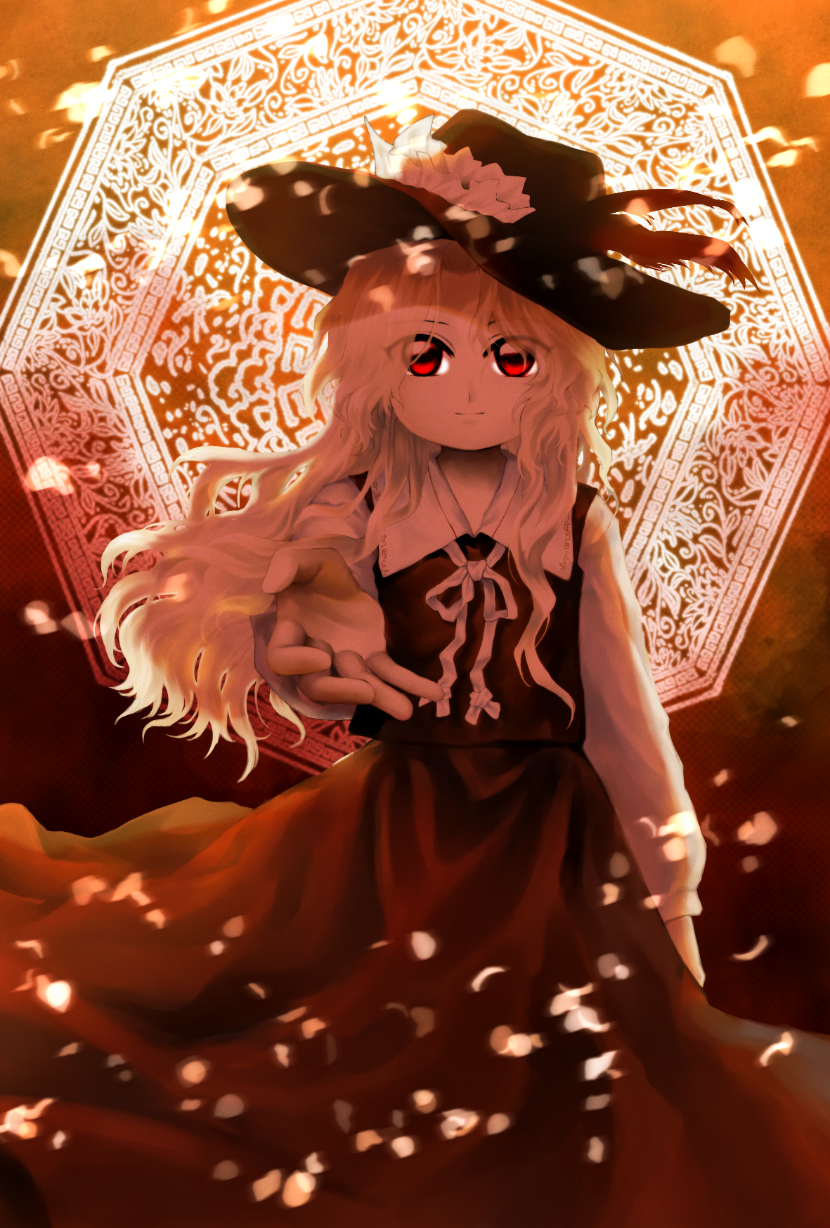 jacket girl (dipp), dolls in pseudo paradise, touhou, commentary, highres, 1girl, backlighting, black hat, blonde hair, bow, brown skirt, brown vest, closed mouth, collar, cowboy shot, dated commentary, eyes visible through hair, falling petals, flat chest, frills, glowing symbol, hat, hat feather, light smile, long hair, long sleeves, looking at viewer, octagon, outstretched hand, petals, reaching, reaching towards viewer, red eyes, ribbon, skirt, solo, standing, staring, user rdeh3228, vest, wavy hair, white bow, white collar, white ribbon, wind, wind lift
