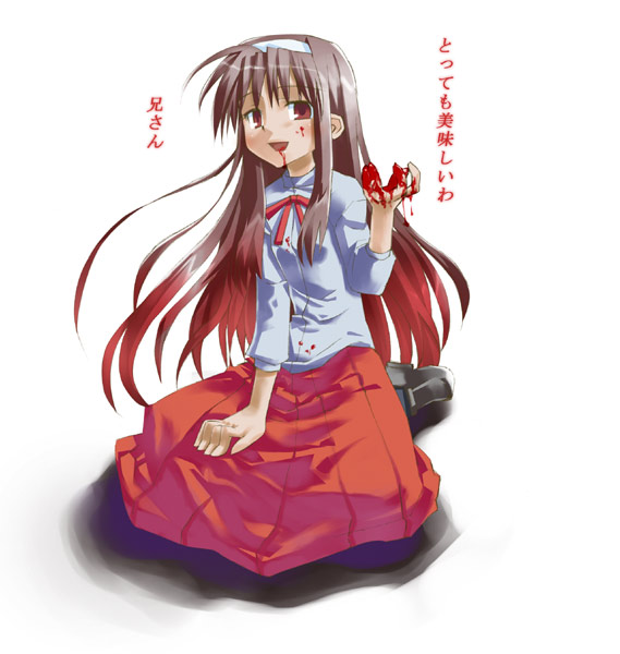 tohno akiha, tsukihime, translated, 00s, 1girl, black hair, blood, blood from mouth, blood on clothes, blood on face, blood on hands, blue eyes, bow, female focus, hairband, long hair, long skirt, simple background, skirt, solo, vampire, white background
