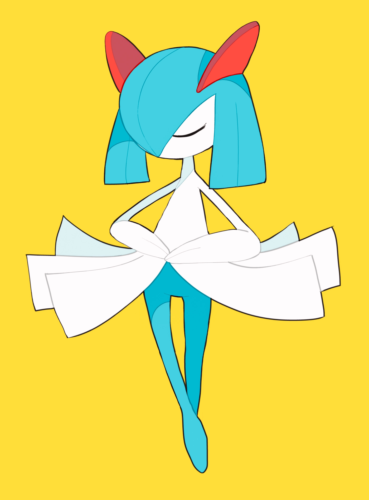 26tumugi, kirlia, nintendo, pokemon, highres, 1girl, alternate color, ballerina, closed eyes, full body, gen 3 pokemon, hair over one eye, pokemon (creature), shiny pokemon, simple background, solo, standing, yellow background