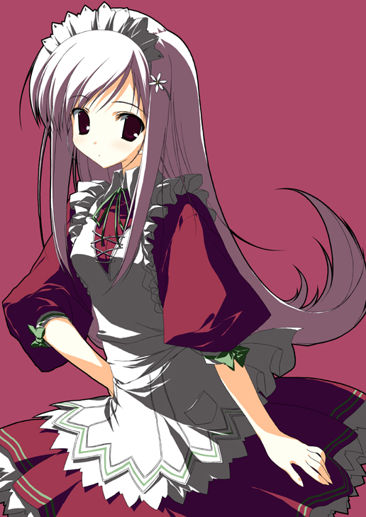 lucy maria misora, to heart (series), to heart 2, 00s, 1girl, apron, black eyes, character name, copyright name, expressionless, female focus, flipped hair, hair ornament, hairclip, hairpin, hand on own hip, long hair, looking at viewer, maid headdress, neck ribbon, pink hair, puffy sleeves, red eyes, ribbon, solo, waitress