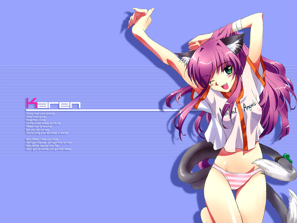 karen (artist), 1girl, animal ears, arms up, cat ears, cat tail, dog ears, dog tail, female focus, green eyes, leg lift, long hair, midriff, navel, one eye closed, panties, pink panties, purple hair, red hair, see-through clothes, shirt, solo, standing, striped clothes, striped panties, tail, thigh gap, thighs, underwear, wink