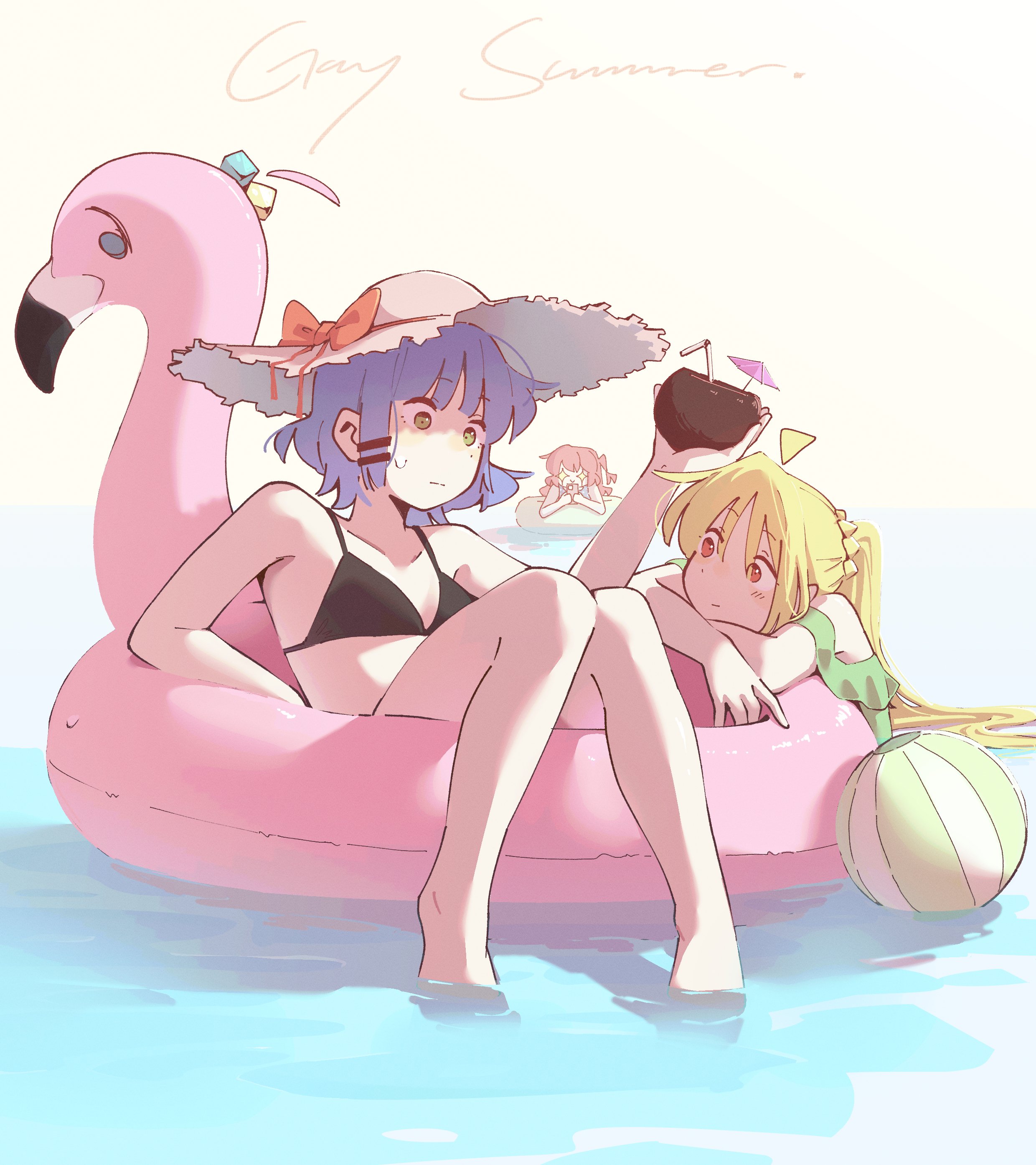 machuuu68, gotoh hitori, ijichi nijika, kita ikuyo, yamada ryo, bocchi the rock!, absurdres, highres, + +, 4girls, afloat, ball, beachball, bikini, black bikini, blonde hair, blue bikini, blue eyes, blue hair, cellphone, coconut cup, cube hair ornament, english text, green bikini, hair ornament, hat, inflatable flamingo, long hair, multiple girls, objectification, phone, red eyes, red hair, short hair, side ahoge, side ponytail, simple background, smartphone, sun hat, sweat, swimsuit, taking picture, water, white background, yellow eyes, yuri