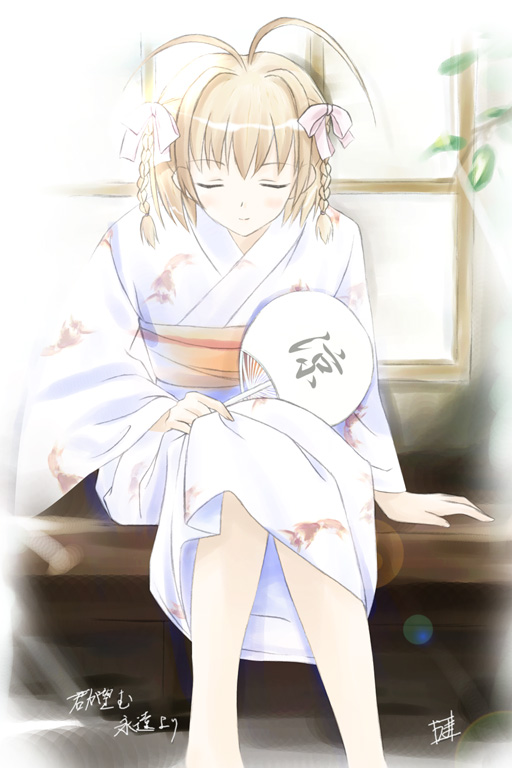 suzumiya haruka, kimi ga nozomu eien, 00s, 1girl, antenna hair, blonde hair, braid, closed eyes, facing viewer, female focus, hand fan, holding, holding fan, japanese clothes, kimono, paper fan, side braid, sitting, solo, twin braids, uchiwa, yukata