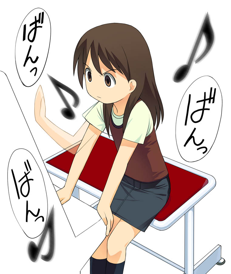 a1 (initial-g), ayase ena, yotsubato!, commentary, 1girl, afterimage, arcade, black socks, brown eyes, brown hair, denim, denim skirt, female focus, instrument, kneehighs, long hair, musical note, pencil skirt, piano, quaver, simple background, skirt, socks, solo, stool, white background