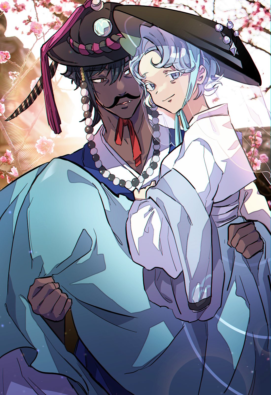 michelin (p0lo09), captain caviar cookie, oyster cookie, cookie run, cookie run: kingdom, commentary request, highres, korean commentary, 1boy, 1girl, alternate costume, black hair, black hat, blue bow, blue kimono, borrowed design, bow, brown eyes, carrying, cherry blossoms, chromatic aberration, closed mouth, colored eyelashes, curtained hair, dark-skinned male, dark skin, day, double-parted bangs, facial hair, fang, feet out of frame, grey eyes, grey hair, hair between eyes, hat, humanization, japanese clothes, kimono, long sleeves, looking at another, looking at viewer, mature eyes, mature female, mature male, mustache, official alternate costume, outdoors, oyster cookie (silk road magnate), parted lips, princess carry, red bow, short hair, sky, smile, upper body, very dark skin, white eyelashes, white sky