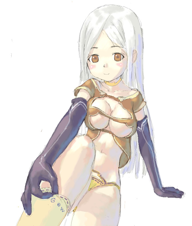 tougetsu gou, original, silver hair, 1girl, arm support, blush, breasts, brown eyes, cleavage cutout, clothing cutout, collarbone, elbow gloves, female focus, gloves, kneehighs, large breasts, long hair, looking at viewer, navel, oekaki, panties, simple background, sitting, socks, solo, underwear, very long hair