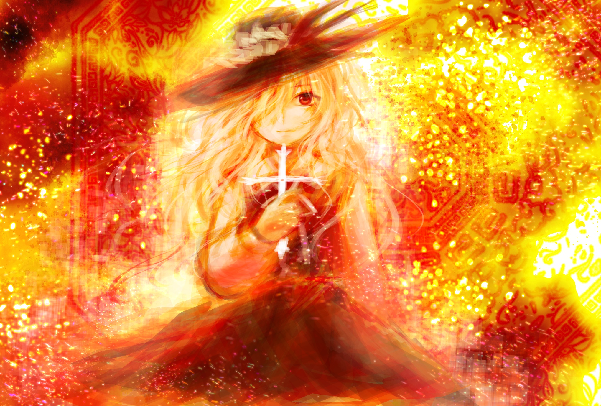 jacket girl (dipp), dolls in pseudo paradise, touhou, commentary, english commentary, highres, 1girl, blonde hair, bow, closed mouth, cross, dated commentary, expressionless, frilled hat, frills, hair over one eye, hat, hat feather, holding, holding cross, long hair, long sleeves, looking at viewer, octagon, orange theme, red eyes, ribbon, sitting, skirt, solo, staring, user rdeh3228, vest, wavy hair, white ribbon