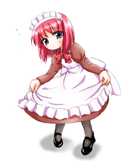 kozimaki, hisui (tsukihime), tsukihime, 00s, 1girl, black pantyhose, black shoes, clothes lift, curtsey, dress, dress lift, female focus, maid, pantyhose, shoes, simple background, skirt hold, solo, white background