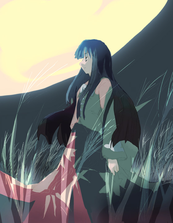 takanashi akihito, houraisan kaguya, touhou, 1girl, black hair, female focus, full moon, long hair, moon, outdoors, profile, solo, standing