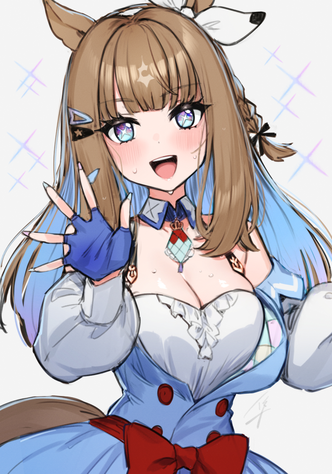 hayabusa (vert 320), almond eye (umamusume), umamusume, highres, + +, 1girl, animal ears, blue eyes, blush, bow, braid, breasts, brown hair, cleavage, collarbone, colored inner hair, hair between eyes, hair ornament, hairband, horse ears, horse girl, long hair, looking at viewer, medium breasts, multicolored hair, smile, solo, star-shaped pupils, star (symbol), symbol-shaped pupils, white background, white bow, white hairband, x-shaped pupils
