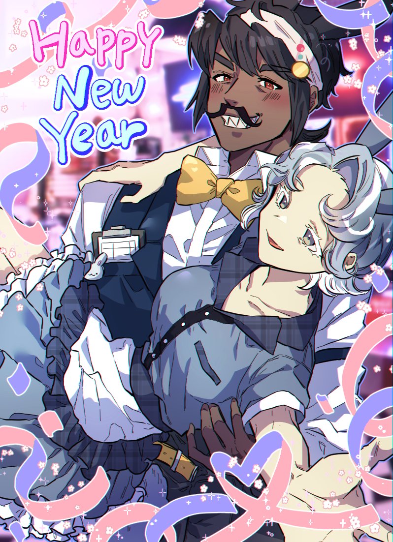 michelin (p0lo09), captain caviar cookie, oyster cookie, cookie run, cookie run: kingdom, commentary request, korean commentary, 1boy, 1girl, :d, apron, arm around neck, belt, black hair, black pants, black vest, blush, bow, bowtie, breasts, carrying, chromatic aberration, collared shirt, colored eyelashes, confetti, cowboy shot, curly hair, dark-skinned male, dark skin, double-parted bangs, dress, facial hair, foreshortening, frilled apron, frills, grey dress, grey eyes, grey hair, grin, hair between eyes, hand on another's shoulder, happy new year, headband, humanization, lapels, looking at viewer, multicolored hair, mustache, new year, open mouth, outline, pants, petticoat, pink background, princess carry, purple outline, reaching, reaching towards viewer, sharp teeth, shirt, short hair, short sleeves, simple background, small breasts, smile, standing, streaked hair, swept bangs, teeth, thick eyebrows, traditional bowtie, two-tone hair, v-shaped eyebrows, very dark skin, vest, waist apron, white apron, white eyelashes, white hair, white headband, white shirt, yellow belt, yellow bow, yellow bowtie