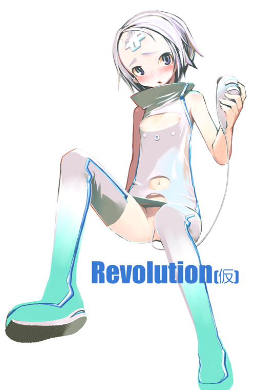 unaji, revolution-tan, wii-tan, nintendo, 1girl, blue eyes, blush, boots, breastless clothes, clothing cutout, female focus, female masturbation, flat chest, game console, masturbation, navel, navel cutout, nipple slip, nipples, no panties, personification, purple hair, pussy, revolutiontan, sex toy, short hair, solo, thigh boots, thighhighs, uncensored, upskirt, vibrator, white hair, wii