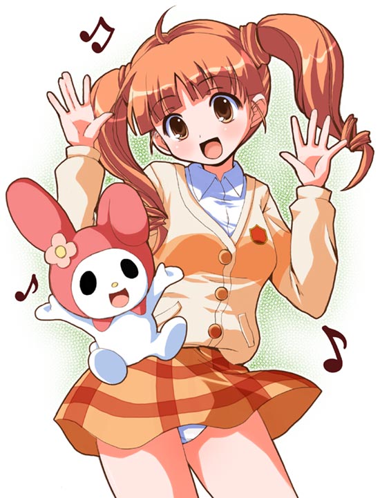 shinshin, my melody, yumeno uta, onegai my melody, sanrio, 00s, 1girl, :d, ahoge, arms up, beamed quavers, blush, brown eyes, brown hair, buttons, cardigan, cowboy shot, dress shirt, female focus, long sleeves, looking at viewer, miniskirt, music, musical note, open mouth, panties, pantyshot, plaid clothes, plaid skirt, quaver, school uniform, serafuku, shirt, short twintails, singing, skirt, smile, solo, standing, twintails, underwear, white background, white panties