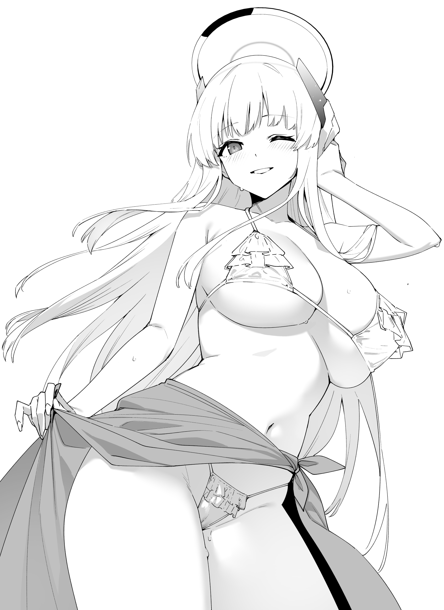 tomohiro kai, noa (blue archive), blue archive, highres, 1girl, alternate costume, bikini, blush, breasts, clothes lift, frilled bikini, frills, greyscale, halo, headgear, large breasts, long hair, looking at viewer, mechanical halo, monochrome, one eye closed, sarong, sarong lift, simple background, smile, solo, standing, string bikini, swimsuit