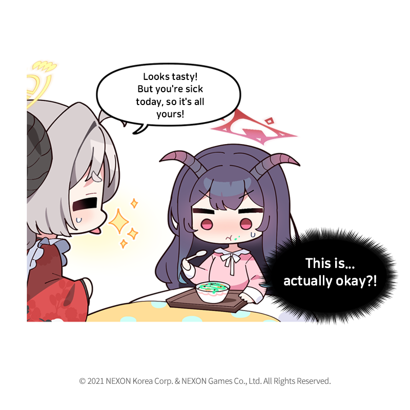 donmin h, fuuka (blue archive), izumi (blue archive), izumi (new year) (blue archive), blue archive, commentary, english commentary, official art, 2girls, ahoge, apron, bowl, chibi, closed mouth, food, food on face, frilled apron, frills, gradient hair, grey hair, halo, holding, holding spoon, horns, japanese clothes, kimono, long hair, long sleeves, multicolored hair, multiple girls, no nose, pajamas, pink pajamas, pink shirt, pout, puffy long sleeves, puffy sleeves, purple hair, red kimono, shirt, speech bubble, spoon, sweatdrop, tongue, tongue out, under covers, v-shaped eyebrows, wide sleeves, yellow halo