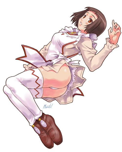 maruto!, akane soir, my-otome, 00s, 1girl, artist name, ass, bob cut, brown hair, brown shoes, female focus, garderobe uniform, long sleeves, maid, panties, pantyshot, shoes, simple background, solo, thighhighs, thighs, underwear, white background, white panties, white thighhighs