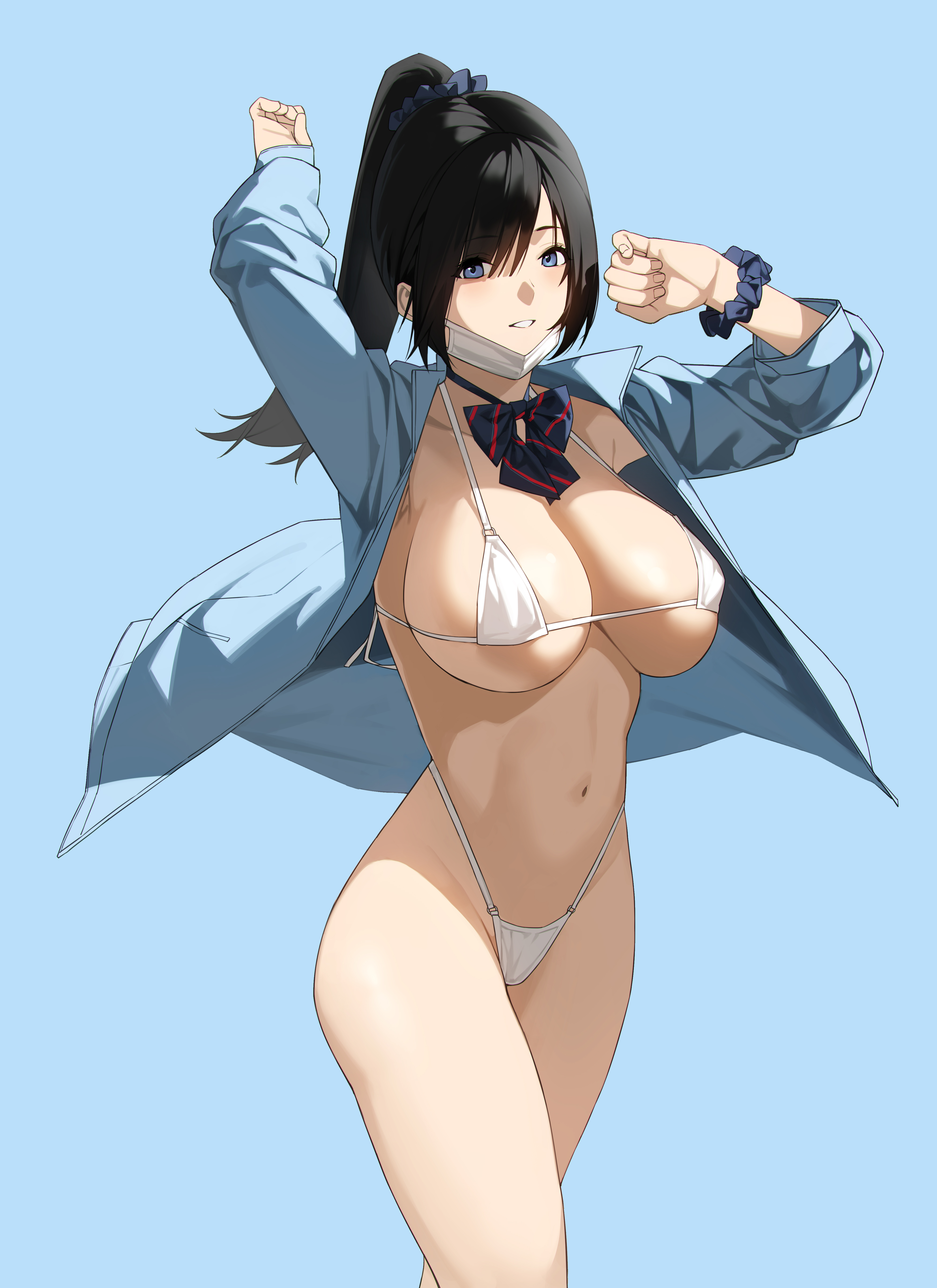 yykuaixian, original, absurdres, chinese commentary, commentary request, highres, 1girl, arms up, bikini, black bow, black bowtie, black hair, blue background, blue jacket, bow, bowtie, breasts, cleavage, cowboy shot, hair between eyes, high ponytail, huge breasts, jacket, legs, long hair, looking at viewer, mask, mask lift, micro bikini, mouth mask, multicolored bow, multicolored bowtie, navel, no pants, open clothes, open jacket, parted lips, ponytail, red bow, red bowtie, sidelocks, simple background, solo, stomach, string bikini, surgical mask, swimsuit, thighs, two-tone bow, two-tone bowtie, white bikini, wristband