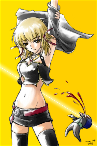 athrun zala, cagalli yula athha, gundam, gundam seed, lowres, 00s, 1boy, 1girl, arms up, belt, blonde hair, blood, chibi, chibi inset, crop top, expressionless, hair ribbon, looking at viewer, microskirt, midriff, navel, nosebleed, ribbon, seed, short hair, simple background, skirt, thighhighs, yellow background, yellow eyes, zettai ryouiki