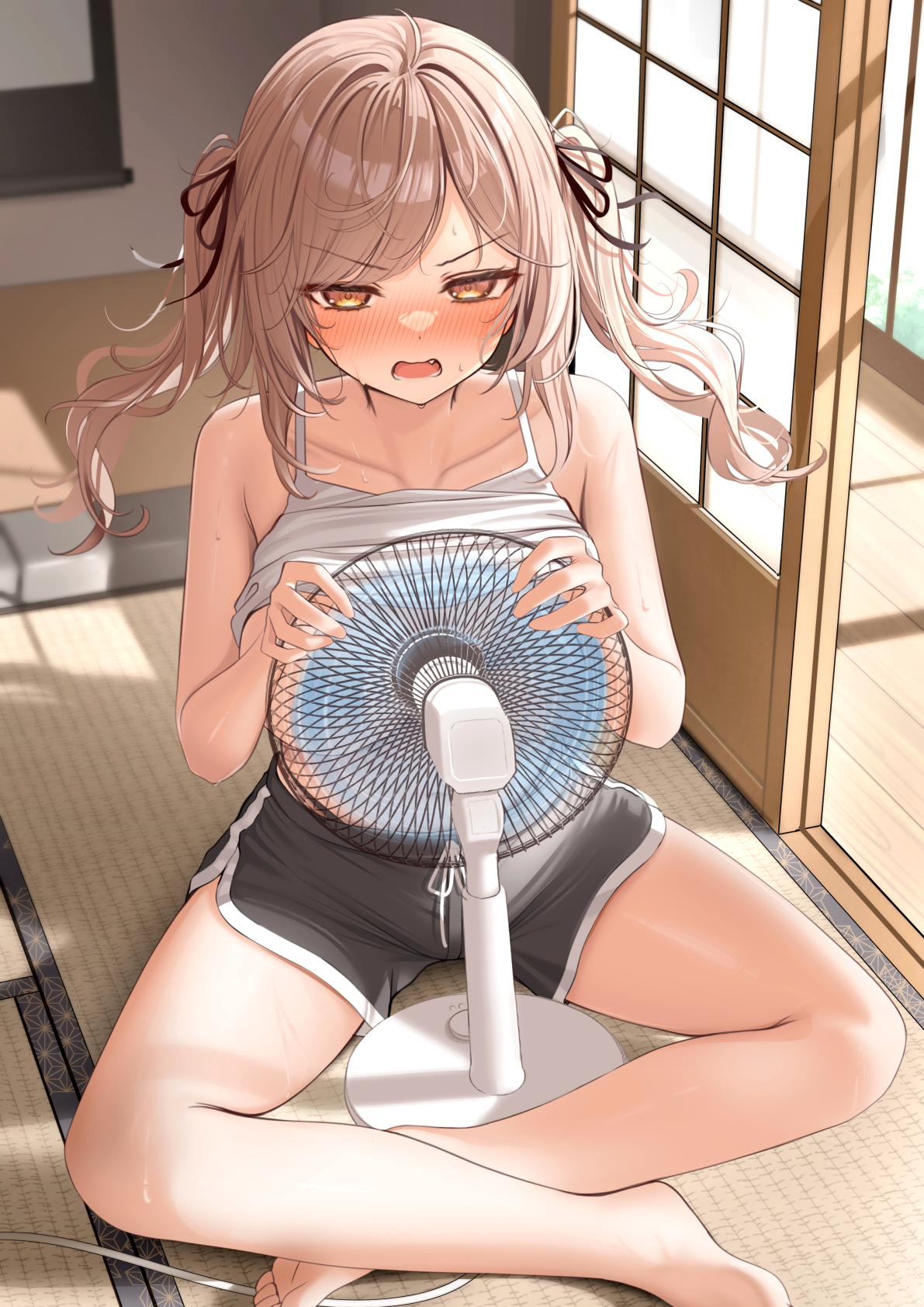 monaka curl, imouto-chan (monaka curl), original, duplicate, highres, paid reward available, 1girl, bare shoulders, barefoot, black ribbon, black shorts, blush, breasts, brown eyes, brown hair, collarbone, hair ribbon, indoors, large breasts, long hair, looking at viewer, open mouth, ribbon, shirt, short shorts, shorts, sitting, solo, sweat, tatami, thighs, twintails, white shirt
