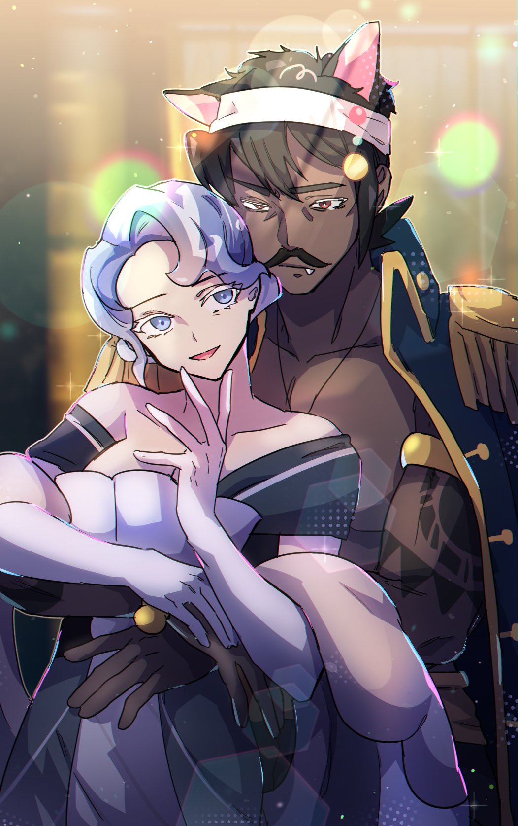 michelin (p0lo09), captain caviar cookie, oyster cookie, cookie run, cookie run: kingdom, gold armlet, commentary request, highres, korean commentary, 1boy, 1girl, :d, animal ears, arm tattoo, arms around waist, bare shoulders, behind another, black hair, black jacket, buttons, cat boy, cat ears, chromatic aberration, closed mouth, collared jacket, colored eyelashes, curtained hair, dark-skinned male, dark skin, double-parted bangs, dress, elbow gloves, facial hair, fang, finger to cheek, finger to own chin, gloves, gold trim, grey background, grey eyes, grey hair, hair between eyes, halftone, hand up, head tilt, headband, humanization, jacket, jacket on shoulders, jewelry, kemonomimi mode, light particles, looking at another, looking back, mature male, muscular, muscular male, mustache, necklace, off-shoulder dress, off shoulder, open mouth, outline, pale skin, red eyes, short hair, simple background, smile, sparkle, tattoo, tongue, upper body, very dark skin, white dress, white eyelashes, white gloves, white headband, white outline