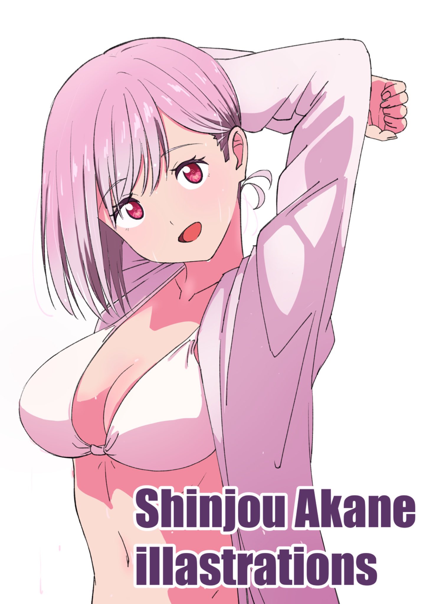 dai200156, shinjou akane, comiket 106, gridman universe, ssss.gridman, highres, 1girl, :d, arms behind head, arms up, artist name, bikini, breasts, cleavage, collarbone, hair behind ear, large breasts, long sleeves, looking at viewer, medium hair, navel, open clothes, open mouth, open shirt, pink bikini, pink hair, pink shirt, red eyes, shirt, simple background, smile, swimsuit, upper body, white background