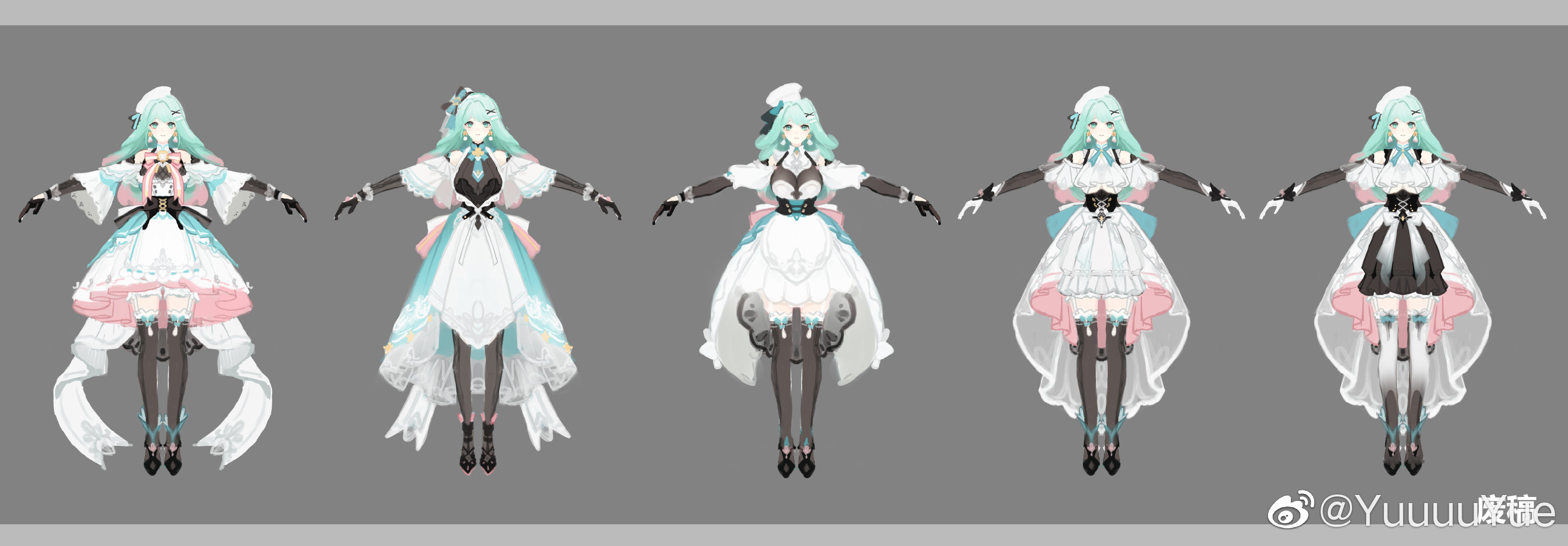 forever 7th capital, chinese commentary, highres, 1girl, alternate costume, ankle boots, apron, aqua bow, aqua dress, aqua eyes, aqua hair, aqua ribbon, ascot, back bow, bare shoulders, black boots, black bow, black corset, black dress, black gloves, black thighhighs, boots, bow, bowtie, chef hat, choppy bangs, closed mouth, clothing cutout, copyright name, corset, cross tie, curly hair, dress, earrings, fold-over boots, frilled dress, frilled thighhighs, frills, full body, garter straps, gloves, gradient hair, grey background, hair bow, hair intakes, hair ornament, hairclip, halter dress, halterneck, hat, high-low dress, high heel boots, high heels, jewelry, long hair, looking at viewer, medium dress, moka (forever 7th capital), multicolored dress, multicolored hair, multiple views, outstretched arms, pink bow, pink bowtie, pink dress, pink hair, pom pom (clothes), pom pom earrings, puffy short sleeves, puffy sleeves, reference sheet, ribbon, see-through dress layer, short dress, short sleeves, shoulder cutout, sleeve ribbon, solo, spread arms, standing, straight-on, thighhighs, two-tone hair, underbust, variations, very long hair, watermark, weibo watermark, white apron, white arm warmers, white ascot, white bow, white dress, yuuuuyue