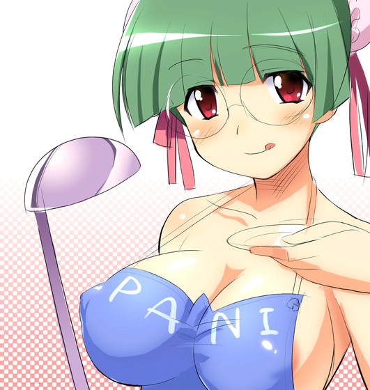 sikorsky, tachibana rei, pani poni dash!, 00s, 1girl, :p, apron, areola slip, breasts, female focus, glasses, large breasts, naked apron, puffy nipples, sideboob, solo, tongue, tongue out