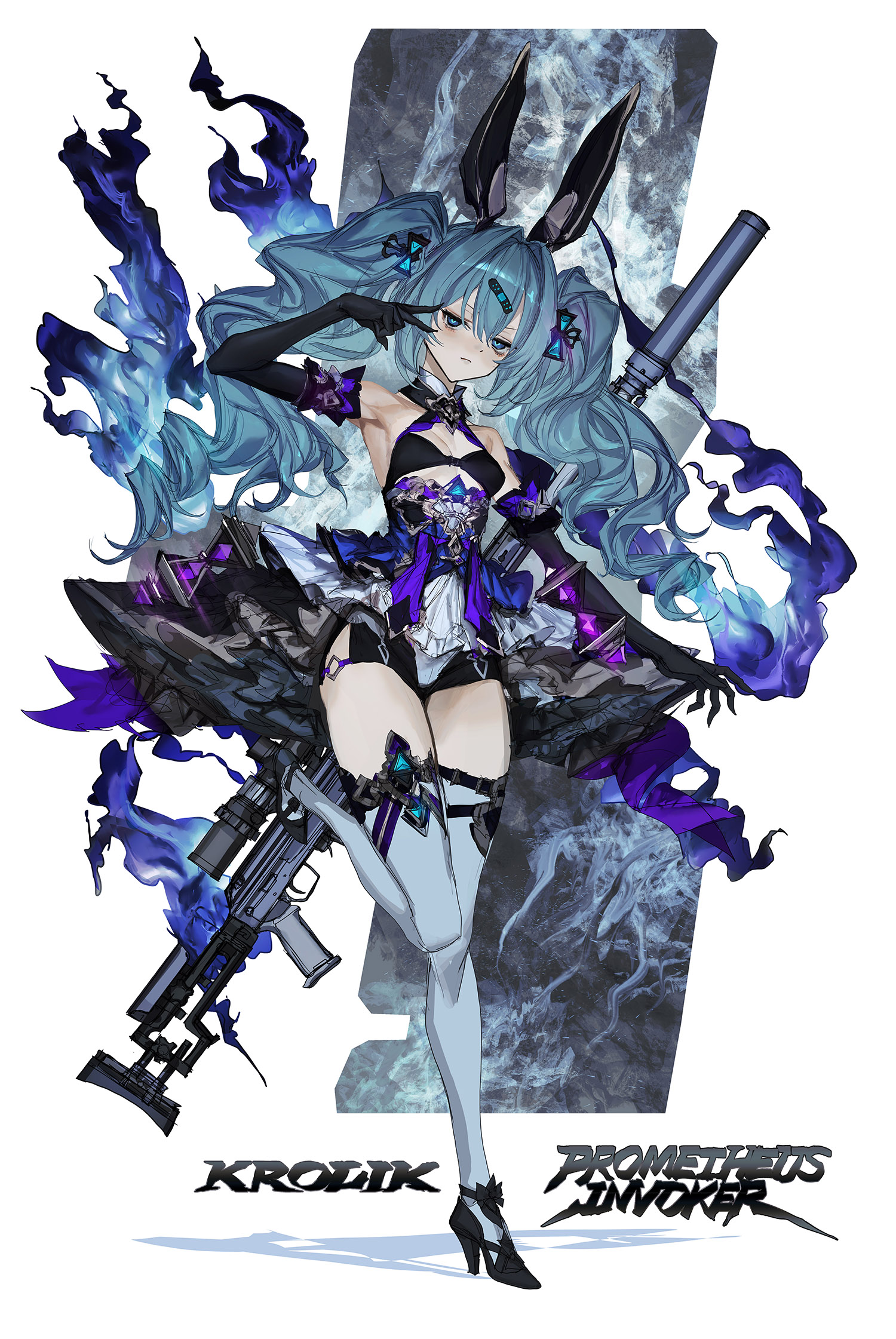 lm7 (op-center), highres, 1girl, bags under eyes, bandaid on hair, black shoes, blue eyes, blue hair, breasts, cleavage, dragunov svd, fire, frown, full body, gun, hair intakes, hand up, high heels, jitome, krolik (lavender quartz), lavender quartz, lavender quartz: kyoukai hyoudou, long hair, looking at viewer, rifle, shoes, simple background, small breasts, sniper rifle, solo, standing, standing on one leg, thighhighs, very long hair, wavy hair, weapon, white background, white thighhighs