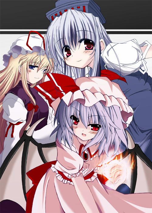 mikage baku, kamishirasawa keine, remilia scarlet, yakumo yukari, touhou, eyebrows, light purple hair, 3girls, bat wings, blonde hair, blue eyes, blue hair, blush, bow, brooch, dress, fang, female focus, fire, hair between eyes, hair bow, hat, hat ribbon, jewelry, long hair, long sleeves, mob cap, multiple girls, open mouth, pink dress, puffy short sleeves, puffy sleeves, red eyes, ribbon, short hair, short sleeves, slit pupils, smile, wings