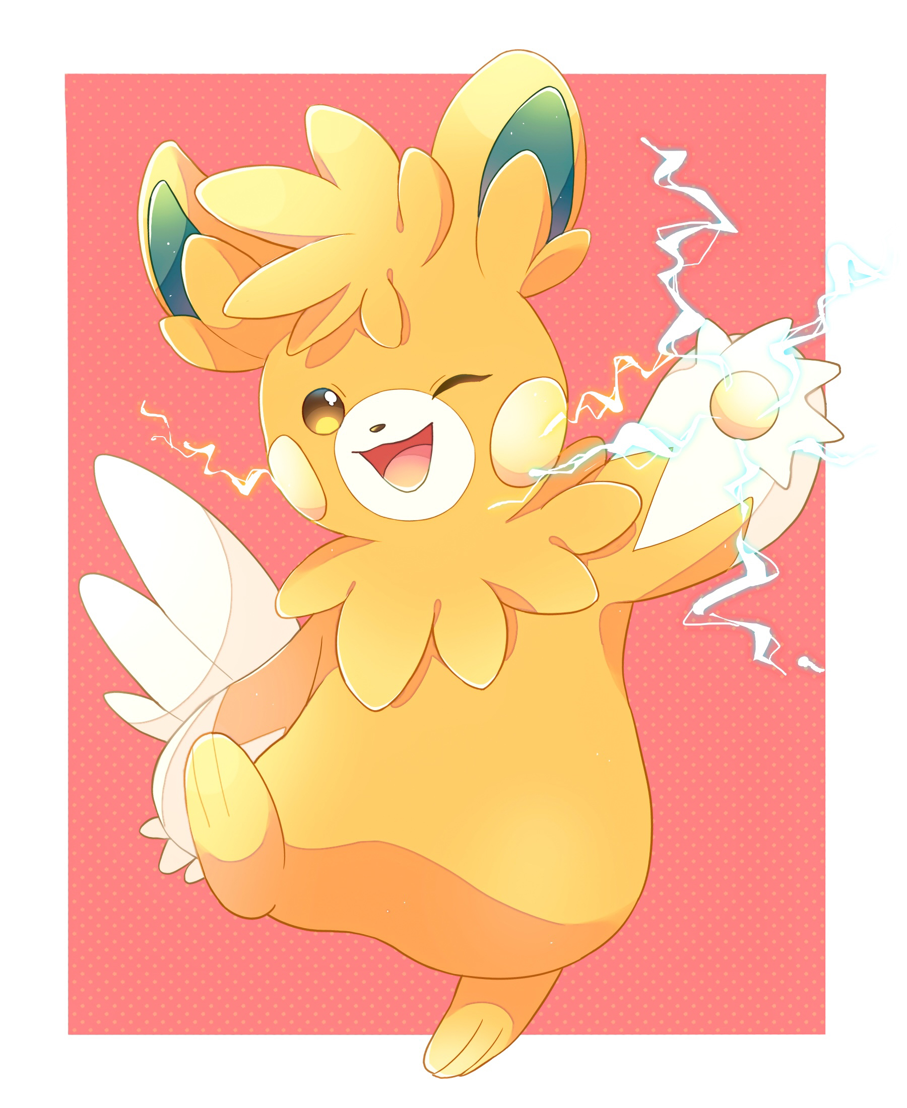 26tumugi, pawmot, nintendo, pokemon, commentary request, highres, border, electricity, electrokinesis, full body, no humans, one eye closed, open mouth, pokemon (creature), red background, solo, standing, standing on one leg, white border