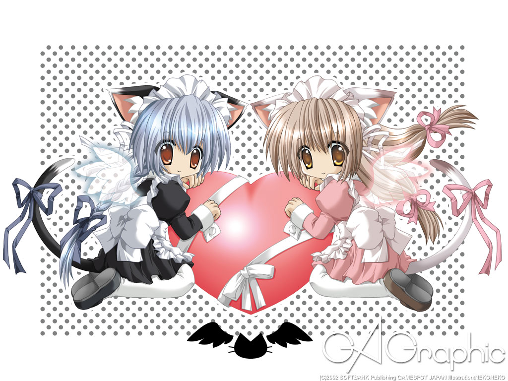 nekoneko, gagraphic, animal ears, cat ears, cat tail, hair between eyes, heart, maid, pantyhose, ribbon, simple background, tail, white background, wings