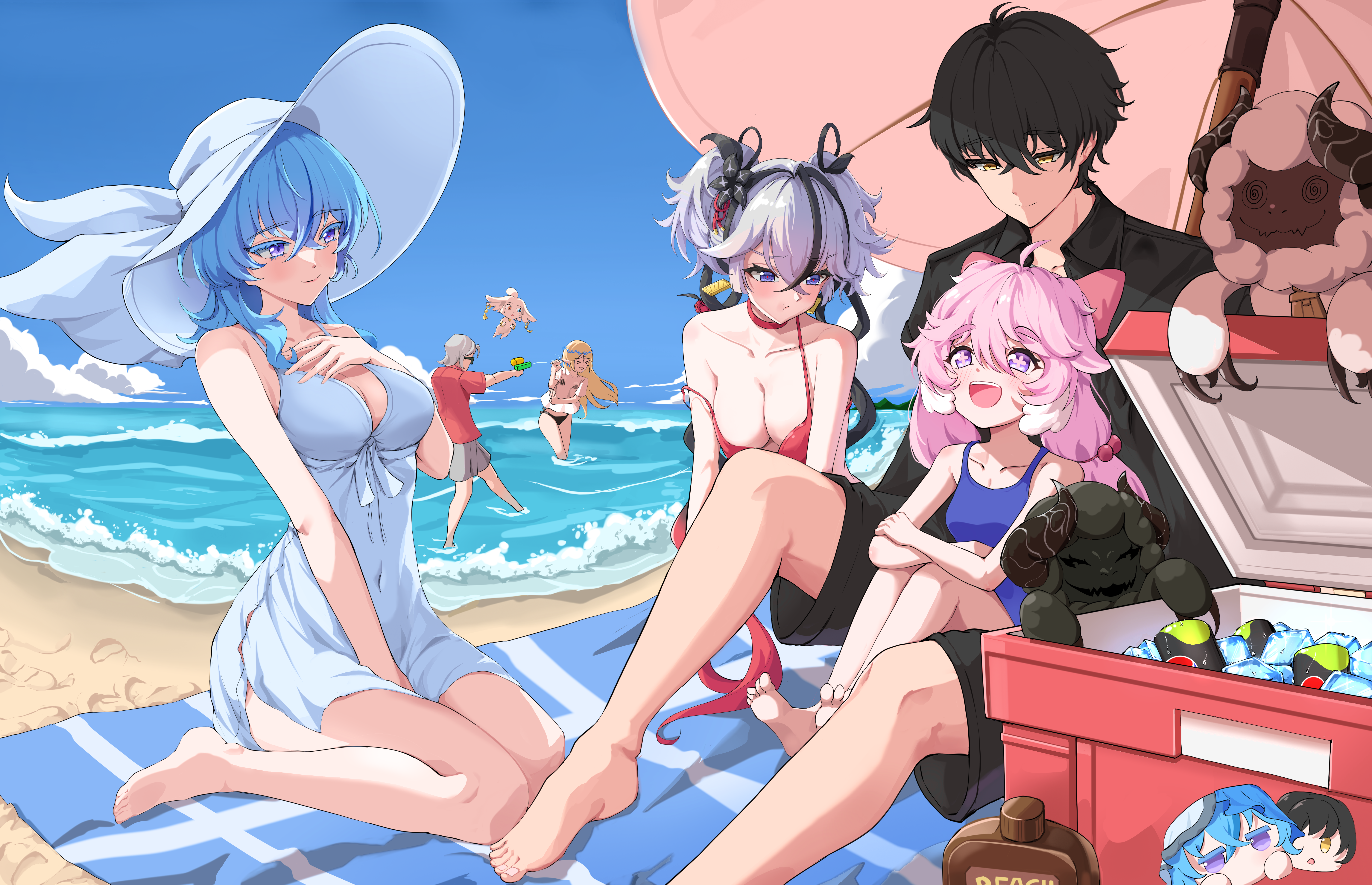 revermam12, abby (wuthering waves), camellya (wuthering waves), cartethyia (wuthering waves), cloudy (wuthering waves), cosmos (wuthering waves), encore (wuthering waves), male rover (wuthering waves), rover (wuthering waves), shorekeeper (wuthering waves), wuthering waves, absurdres, commentary, english commentary, highres, 2boys, 4girls, ahoge, alternate costume, bare legs, barefoot, beach, beach towel, black flower, black hair, blake bloom (wuthering waves), blue dress, blue hair, blue sky, blush, bow, breasts, can, closed mouth, collarbone, colored eyelashes, cooler, covered navel, day, dress, drink can, earrings, flower, gold earrings, hair between eyes, hair bow, hair flower, hair ornament, hair vines, hat, jealous, jewelry, large breasts, legs, long hair, looking at another, looking down, looking up, lotion, medium breasts, multiple boys, multiple girls, ocean, outdoors, pink bow, pink hair, pout, purple eyes, remnant cube (wuthering waves), shore, short hair, short twintails, sitting, sky, sleeveless, sleeveless dress, smile, strap slip, sunscreen, thighs, towel, twintails, wariza, white hat, yellow eyes