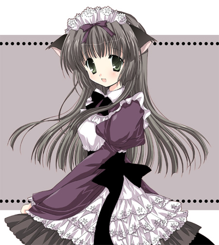hasekura chiaki, 1girl, animal ears, black hair, cat ears, dress, female focus, frills, goth fashion, grey background, long hair, maid, outside border, solo
