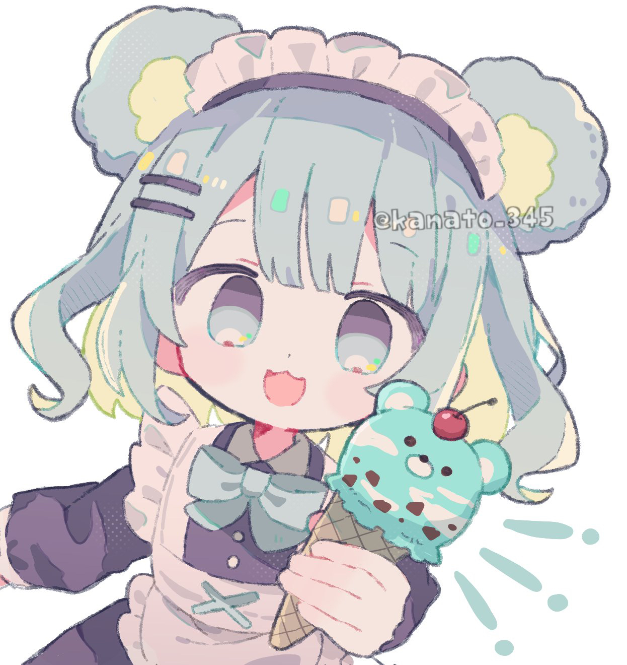 kanamochi kanato, original, commentary request, highres, 1girl, :3, :d, animal ears, apron, bear ears, blue bow, blue bowtie, blue eyes, blue hair, blunt bangs, bow, bowtie, cherry, dress, food, frilled apron, frills, fruit, holding, holding food, holding ice cream, ice cream, long sleeves, looking at viewer, maid, maid headdress, open mouth, purple dress, short hair, simple background, smile, solo, twitter username, white apron, white background