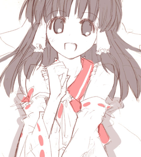 momiji mao, hakurei reimu, touhou, 1girl, detached sleeves, female focus, hair tubes, long hair, looking at viewer, sketch, smile, solo