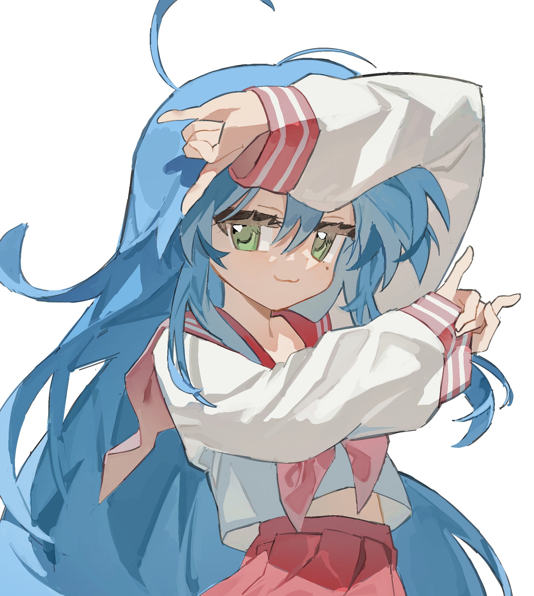 jin (jin sen0956), izumi konata, lucky star, commentary, highres, symbol-only commentary, 1girl, :3, m/, ahoge, arms up, blue hair, closed mouth, cowboy shot, dot nose, double m/, double horizontal stripe, flipped hair, green eyes, hair between eyes, huge ahoge, jitome, long hair, long sleeves, looking at viewer, midriff peek, mole, mole under eye, neckerchief, pink neckerchief, pleated skirt, red sailor collar, red skirt, ryouou school uniform, sailor collar, school uniform, serafuku, shirt, sidelocks, simple background, skirt, solo, straight hair, very long hair, white background, white shirt