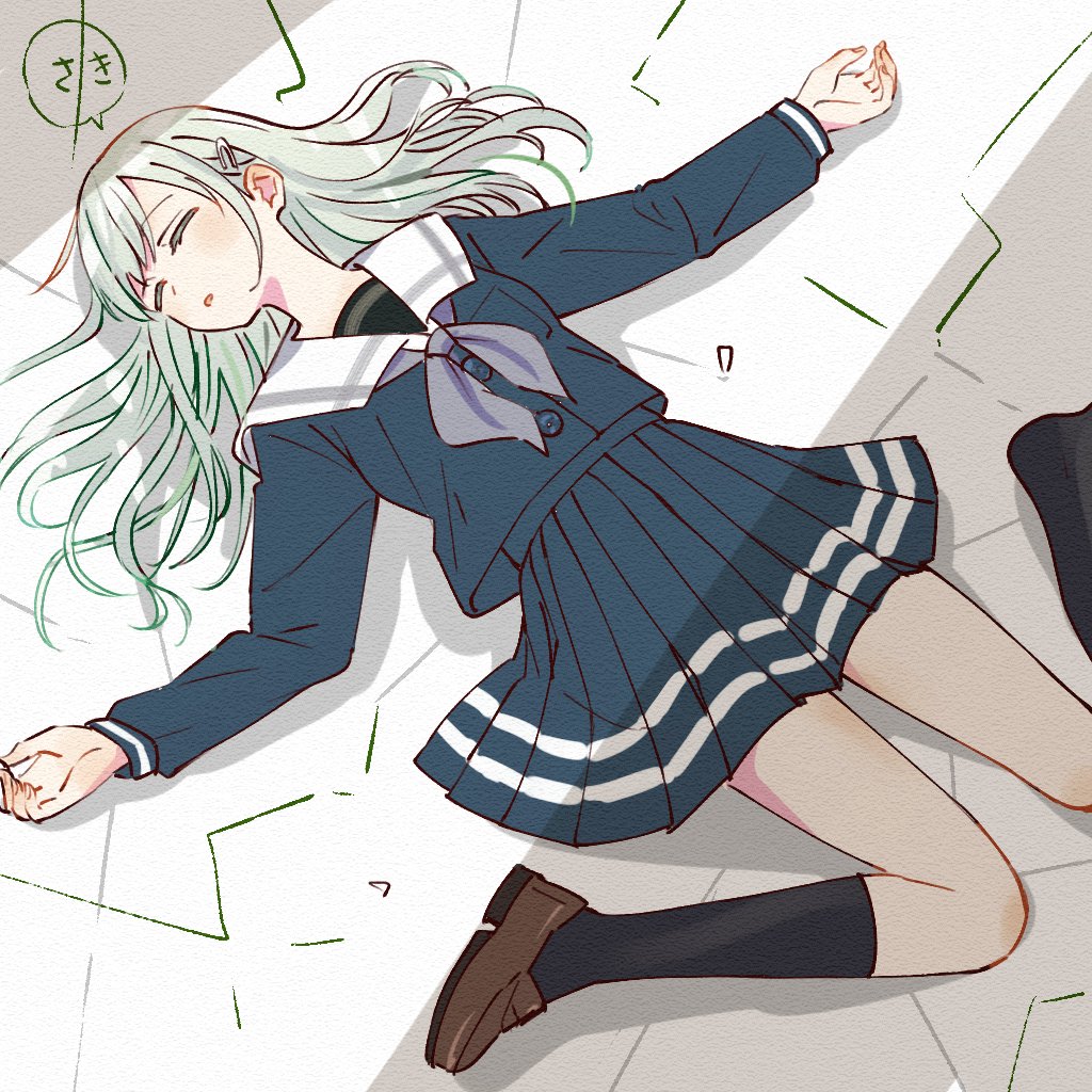 skt (ryxxxxx), wakaba mutsumi, bang dream!, bang dream! it's mygo!!!!!, commentary, 1girl, black socks, blue serafuku, closed eyes, closed mouth, foot out of frame, full body, green hair, grey neckerchief, kneehighs, loafers, long hair, long sleeves, lying, neckerchief, on back, pleated skirt, sailor collar, school uniform, serafuku, shoes, skirt, socks, solo, speech bubble, tsukinomori school uniform, white sailor collar, winter uniform