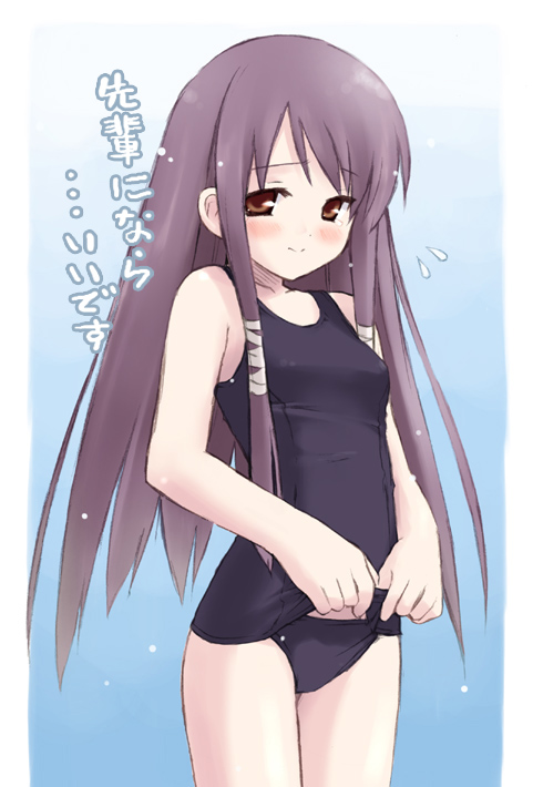 eretto, sera karen, sakura musubi, 1girl, black one-piece swimsuit, female focus, one-piece swimsuit, school swimsuit, school swimsuit flap, solo, swimsuit