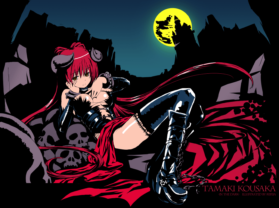 refeia, kousaka tamaki, to heart (series), to heart 2, 1girl, black boots, black thighhighs, boots, breasts, building, chain, cosplay, demon, demon girl, female focus, full moon, head rest, horns, long skirt, looking at viewer, moon, red hair, red skirt, shiny clothes, shiny skin, skirt, skull, solo, thighhighs