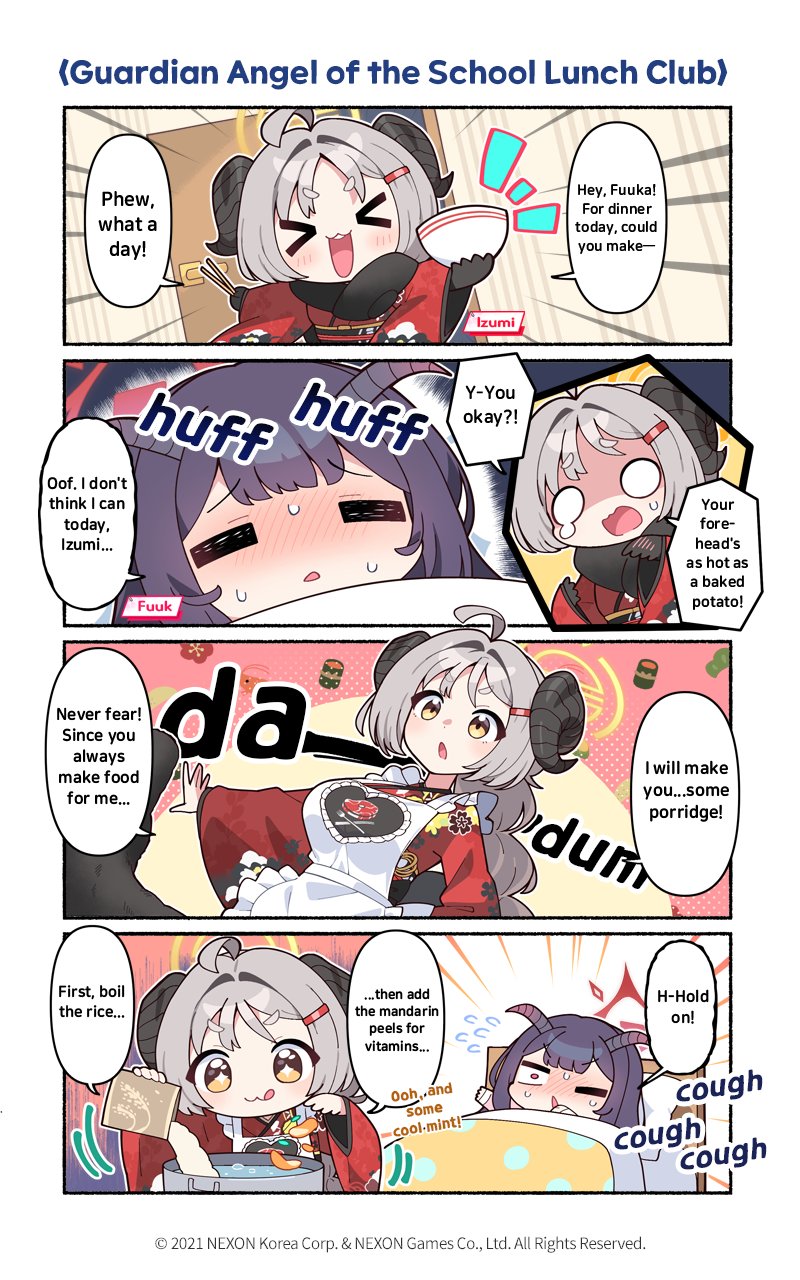 donmin h, fuuka (blue archive), izumi (blue archive), izumi (new year) (blue archive), blue archive, commentary, english commentary, highres, official art, > <, 2girls, :3, ahoge, apron, blush, bowl, character name, chibi, closed eyes, cooking pot, english text, food, frilled apron, frills, grey hair, hair intakes, hair ornament, hairclip, halo, heart, holding, holding bowl, horns, indoors, japanese clothes, kimono, long sleeves, multiple girls, no nose, nose blush, one eye closed, open mouth, parted bangs, purple hair, red kimono, smile, sparkling eyes, speech bubble, sweat, thick eyebrows, tongue, tongue out, typo, under covers, v-shaped eyebrows, white apron, wide sleeves