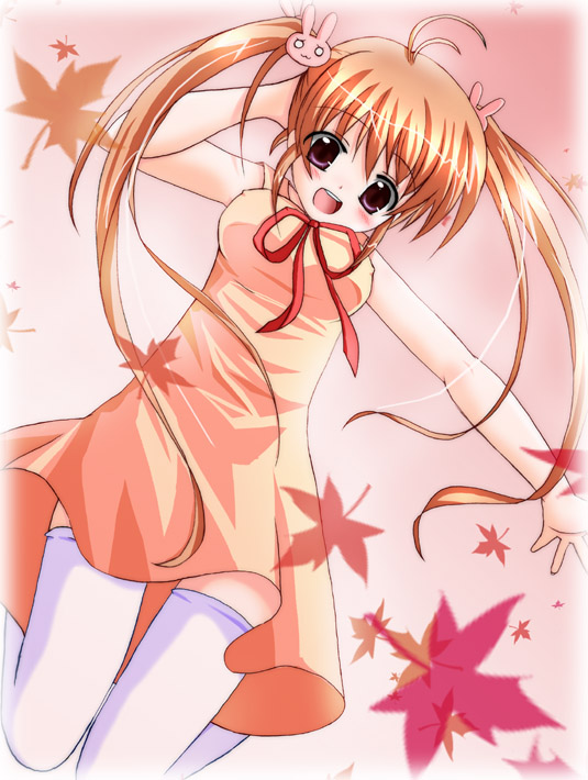 yamasaki tomoya, original, 1girl, antenna hair, blush, brown hair, dress, female focus, hair ornament, leaf, long hair, open mouth, orange skirt, purple eyes, rabbit, skirt, solo, thighhighs, twintails, white thighhighs