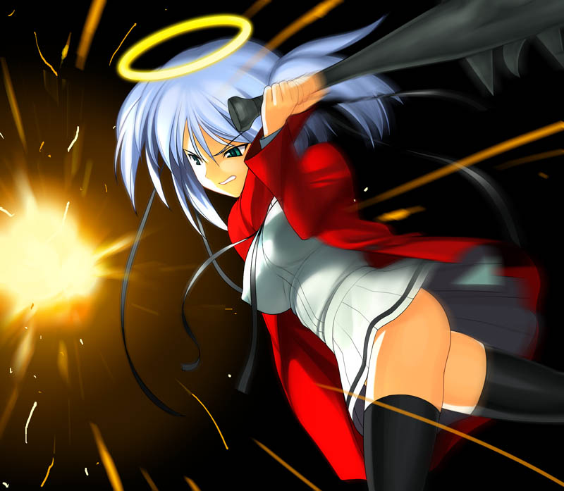a1 (initial-g), mitsukai dokuro, bokusatsu tenshi dokuro-chan, 00s, 1girl, blue eyes, blue hair, clenched teeth, club, club (weapon), female focus, grimace, halo, kanabou, matching hair/eyes, motion blur, solo, sparks, teeth, thighhighs, traditional halo, weapon