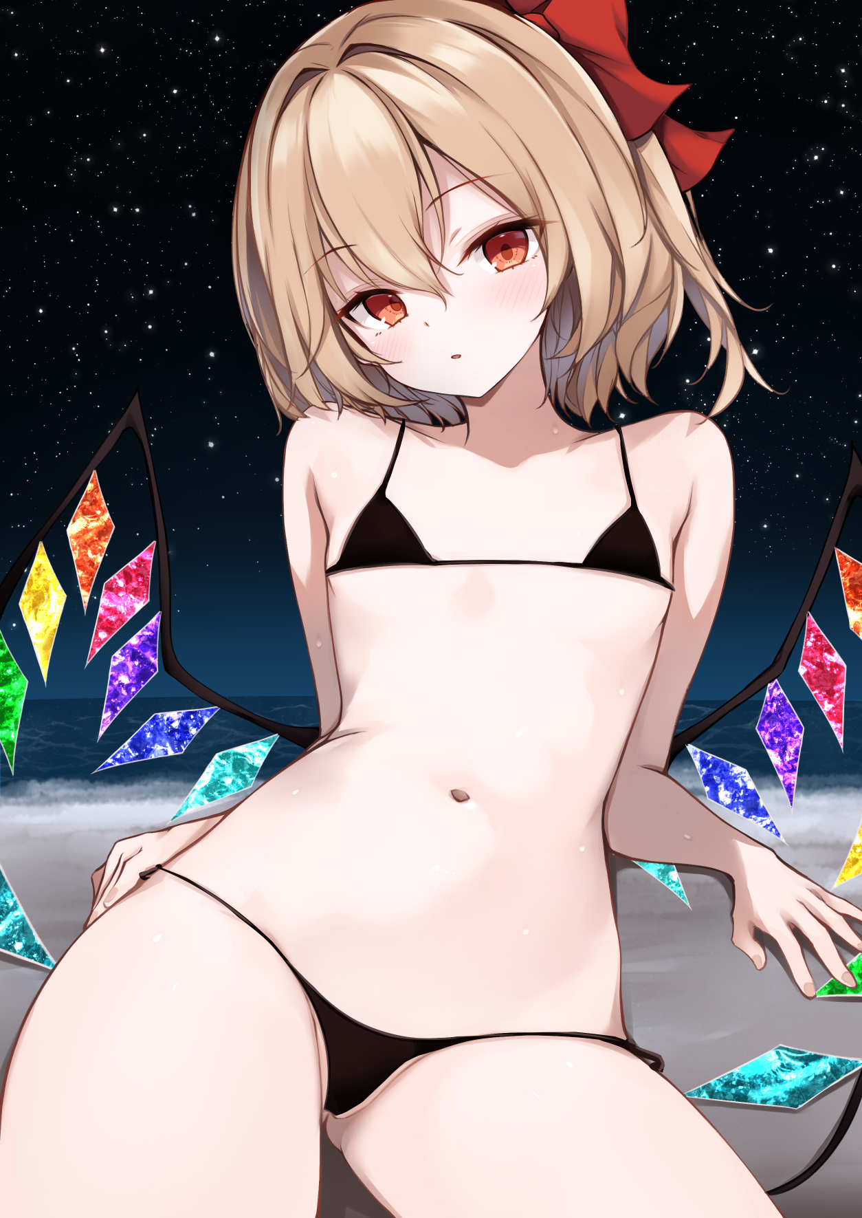 kashiwagi yamine, flandre scarlet, touhou, highres, 1girl, bikini, black bikini, blonde hair, crystal wings, flat chest, gluteal fold, hair between eyes, looking at viewer, micro bikini, navel, red eyes, sitting, solo, swimsuit, wings