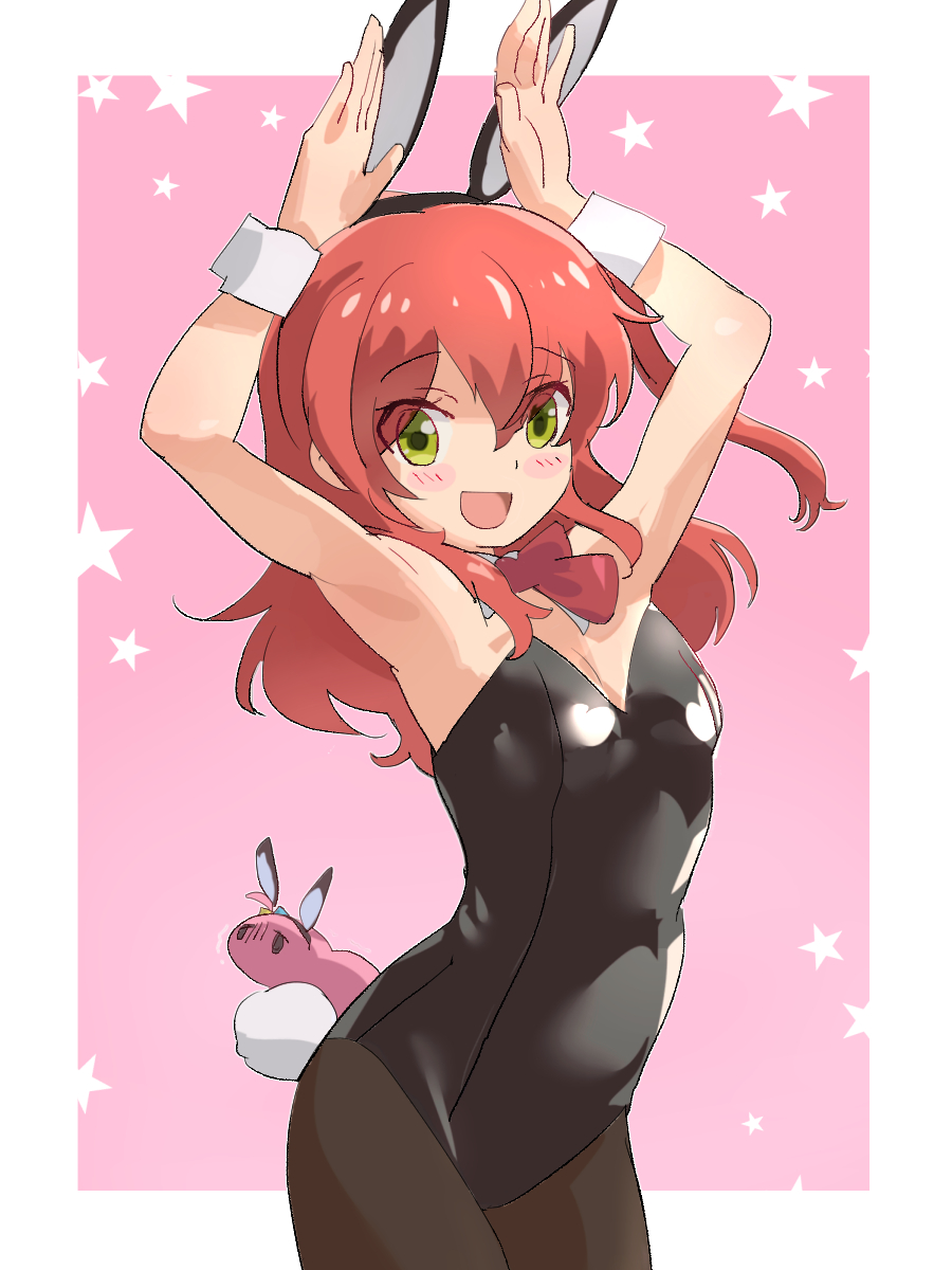 kyarahiba, gotoh hitori, kita ikuyo, bocchi the rock!, highres, 2girls, animal ears, blush, border, bow, bowtie, cube hair ornament, hair ornament, leotard, long hair, looking at viewer, multiple girls, open mouth, pink background, playboy bunny, rabbit ears, rabbit tail, red bow, red bowtie, red hair, side ahoge, side ponytail, smile, star (symbol), star symbol background, tail, tsuchinoko, white border, yellow eyes